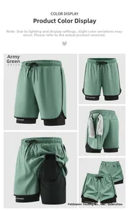 Detail of army green 2-in-1 shorts showing inner phone pocket and towel loop