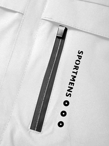 Detail of white cargo jacket featuring black waterproof zipper and SPORTMENS text print
