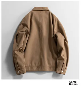 Detailed back view of a camel cotton twill casual jacket showing drop shoulder and seams