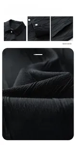 Detail of black textured fabric on a casual lapel jacket with durable wrinkle patterns