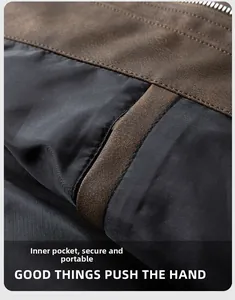 Macro detail of inner pocket on a brown faux leather jacket with high quality stitching
