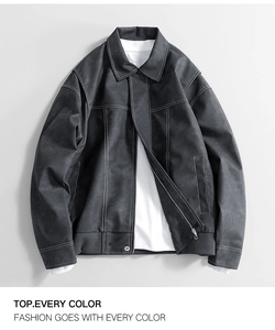 Detail of dark grey PU leather jacket with white contrast stitching and turn-down collar