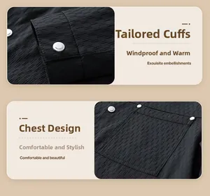 Detail of waffle textured black jacket showing snap button cuffs and riveted chest pockets
