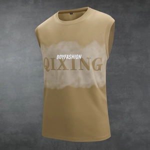 Detail of khaki men's sleeveless tank top with white BOYFASHION QIXING graphic print
