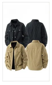 Detail view of khaki and black turn-down collar jackets with unique textured pleated fabric