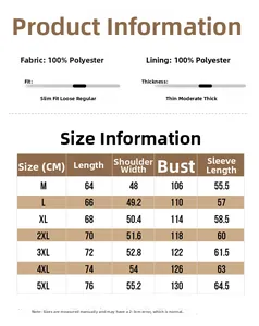 Size chart for men's work jacket showing polyester material and M to 5XL measurements