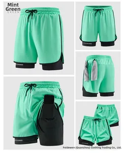 Detail view of fruit green 2-in-1 sports shorts showing inner pocket and towel loop design