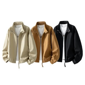 Men's Casual Polyester Stand Collar Zip Up Jacket Solid Color Lightweight Outerwear With Elastic Hem For Spring Autumn