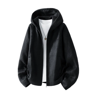 Men's casual loose hooded jacket in black fleece wool with textured finish for spring 2026