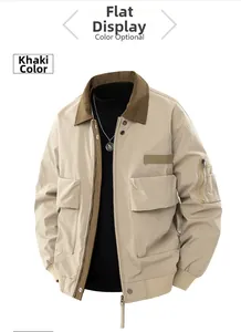 Detailed view of khaki aviator jacket featuring a contrast collar and functional utility pockets