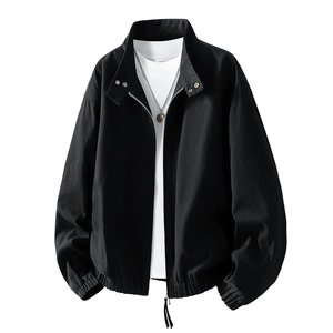 Men's casual black zip-up jacket with stand collar and elastic cuffs in minimalist style