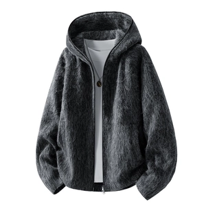 Men's grey plush hooded zip-up jacket with loose fit and soft faux fur texture