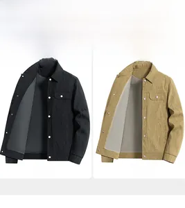 Detail of casual men's turnover collar jackets in black and khaki with vertical texture