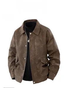 Detail view of brown vintage PU leather jacket featuring lapel collar and flap pockets