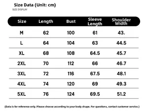 Men's leather jacket size chart showing length, chest, sleeve, and shoulder from M to 5XL