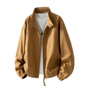 Men's khaki stand collar work jacket with a relaxed fit and washed cotton canvas fabric