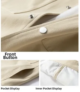 Detailed close-up of water-resistant twill jacket showing metal snaps and functional pockets
