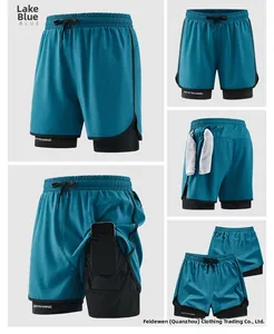 Detail view of lake blue athletic shorts with phone pocket lining and towel loop