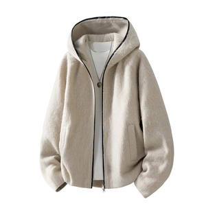 Men's oversized beige wool jacket with hood and double zipper featuring soft plush texture