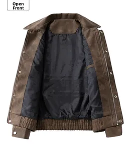 Detailed inside view of brown vintage faux leather jacket with metal zipper and lining