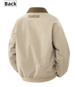Back view of khaki vintage pilot jacket with brown collar and ribbed cuffs