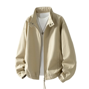 Men's casual khaki stand collar Harrington jacket with full metal zipper and elastic cuffs