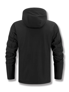 Back view of a black hooded tactical jacket featuring ergonomic elbow seams and windproof fabric