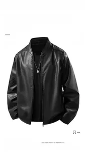 Detail of premium black leather jacket showing stand collar design and smooth zipper texture