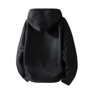 Men's loose black fleece hooded jacket with zip closure and plush textured fabric