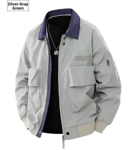Detail view of silver gray green utility jacket with contrast navy collar and utility sleeve pocket
