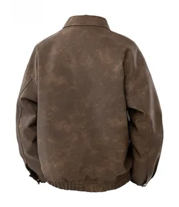 Rear view of men's vintage brown PU leather jacket with elastic hem and distressed texture