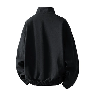 Men's loose casual black stand collar jacket with ribbed cuffs and elastic hem back view