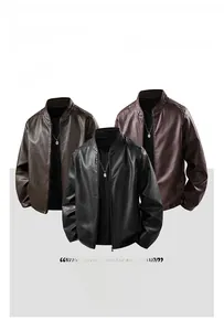Three men's faux leather jackets in black, dark brown, and wine red with stand collars