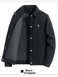 Detailed view of black cargo jacket featuring a classic lapel and textured pleated fabric