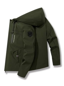 Men's outdoor hooded cargo jacket in army green with chest zipper and arm badge