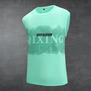 Mint green sleeveless men's sports tank top with graphic print and breathable fabric