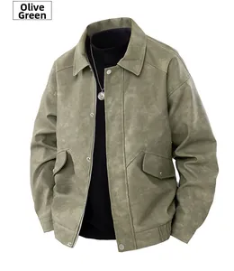 Detail of bean green vintage PU leather jacket featuring lapel collar and large pockets