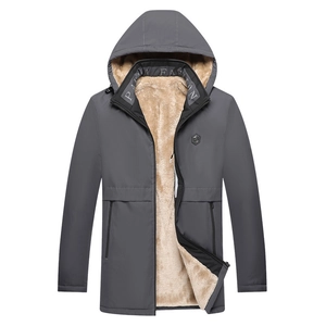 Men's dark grey hooded winter jacket with warm thick fleece lining and chest logo