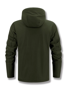 Back view of a men's dark green hooded utility jacket with functional windproof fabric