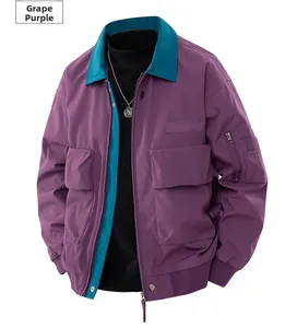 Detail view of grape purple and teal retro pilot jacket with cargo multi-pocket design