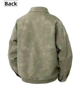 Back view of retro olive green PU leather bomber jacket with ribbed hem details