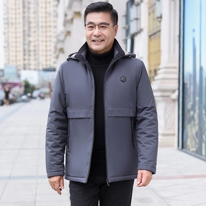 Padded men's winter jacket in dark grey with warm fleece lining and hood for seniors