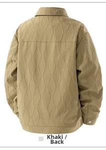 Rear view of khaki workwear jacket showing 3D diamond quilted texture and shirt collar