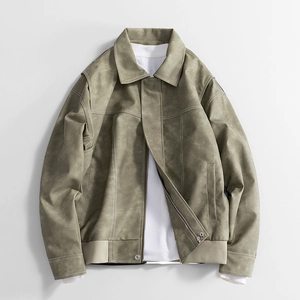 Olive green PU leather jacket with lapel collar and contrast stitching for men