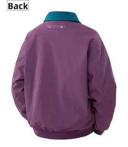 Rear view of purple and teal vintage pilot jacket with ribbed cuffs and back vent detail