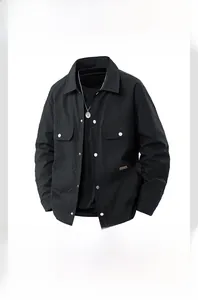 Detail view of black waffle texture men's casual shirt jacket with metal snap buttons