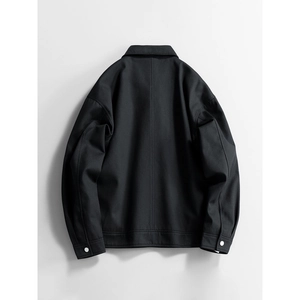 Men's trendy windproof black casual jacket with lapel collar and dropped shoulders back view