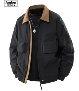 Detail of Amber Black cargo jacket featuring brown collar and utility pocket design