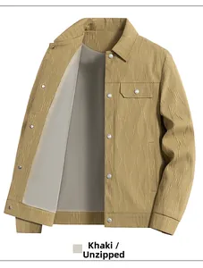 Detailed flat lay of khaki cargo jacket with ribbed texture fabric and chest pocket