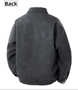 Detailed back view of vintage faux suede PU leather jacket with elastic hem in dark grey